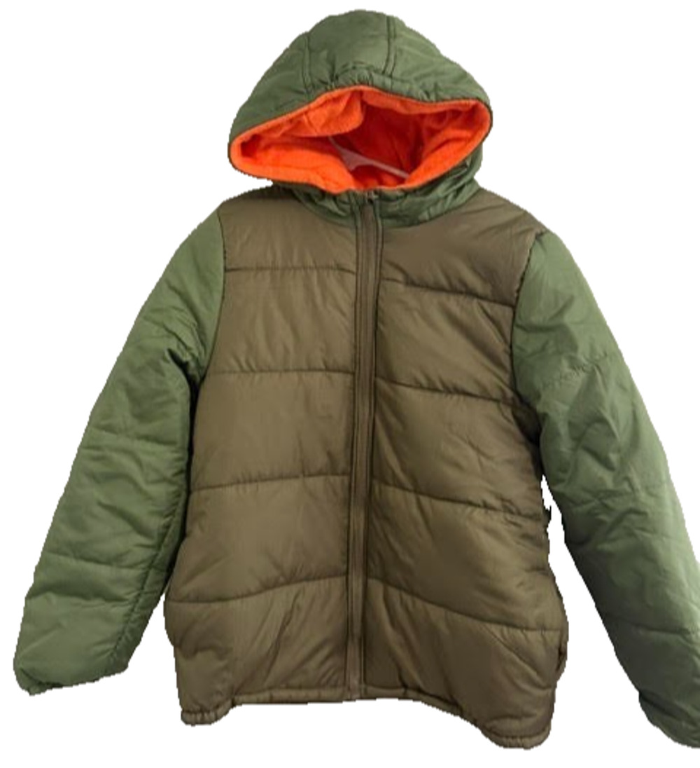 London Fog Kids XXL 14-16 Olive Puffer Jacket Orange Fleece Hooded NWT